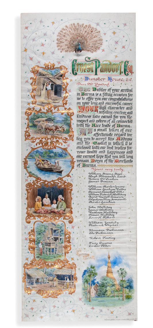 A fine illuminated presentation showing the different aspects of the rice trade of Burma addressed to Ernest Pandorf on the jubilee of his arrival in Burma. 