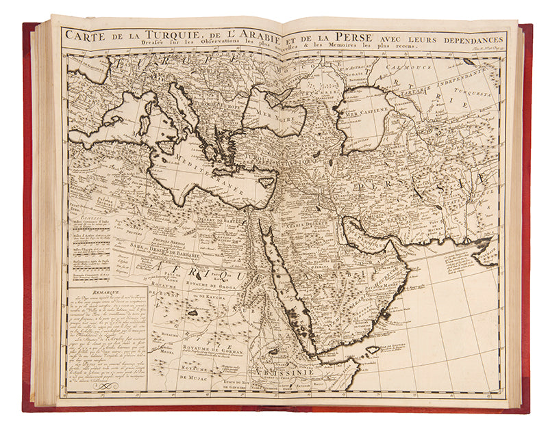 First edition set of Henri Abraham Chatelain's Atlas Historique, with the celebrated 4-sheet map of the Americas showing the history of western exploration from Columbus to the seventeenth century.