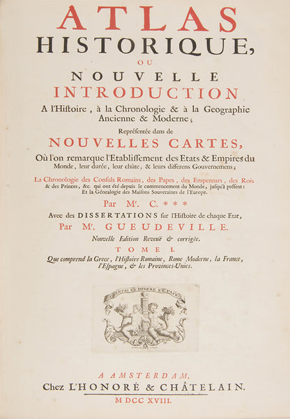 First edition set of Henri Abraham Chatelain's Atlas Historique, with the celebrated 4-sheet map of the Americas showing the history of western exploration from Columbus to the seventeenth century.