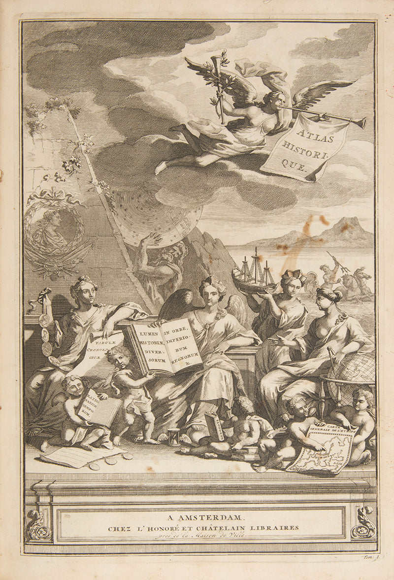 First edition set of Henri Abraham Chatelain's Atlas Historique, with the celebrated 4-sheet map of the Americas showing the history of western exploration from Columbus to the seventeenth century.
