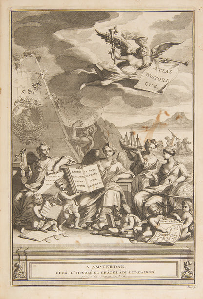 First edition set of Henri Abraham Chatelain's Atlas Historique, with the celebrated 4-sheet map of the Americas showing the history of western exploration from Columbus to the seventeenth century.