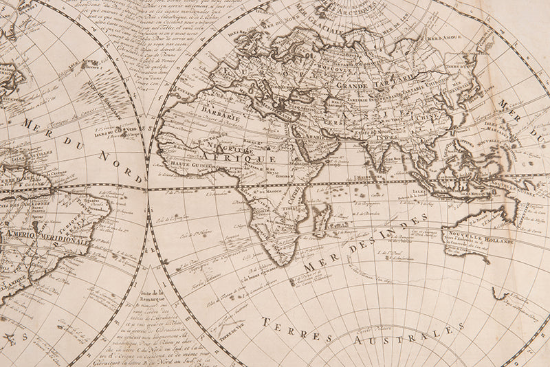 First edition set of Henri Abraham Chatelain's Atlas Historique, with the celebrated 4-sheet map of the Americas showing the history of western exploration from Columbus to the seventeenth century.