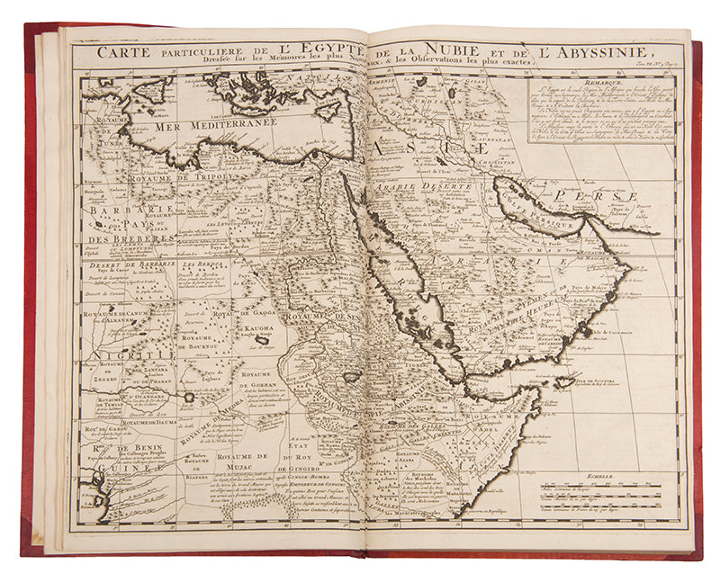 First edition set of Henri Abraham Chatelain's Atlas Historique, with the celebrated 4-sheet map of the Americas showing the history of western exploration from Columbus to the seventeenth century.