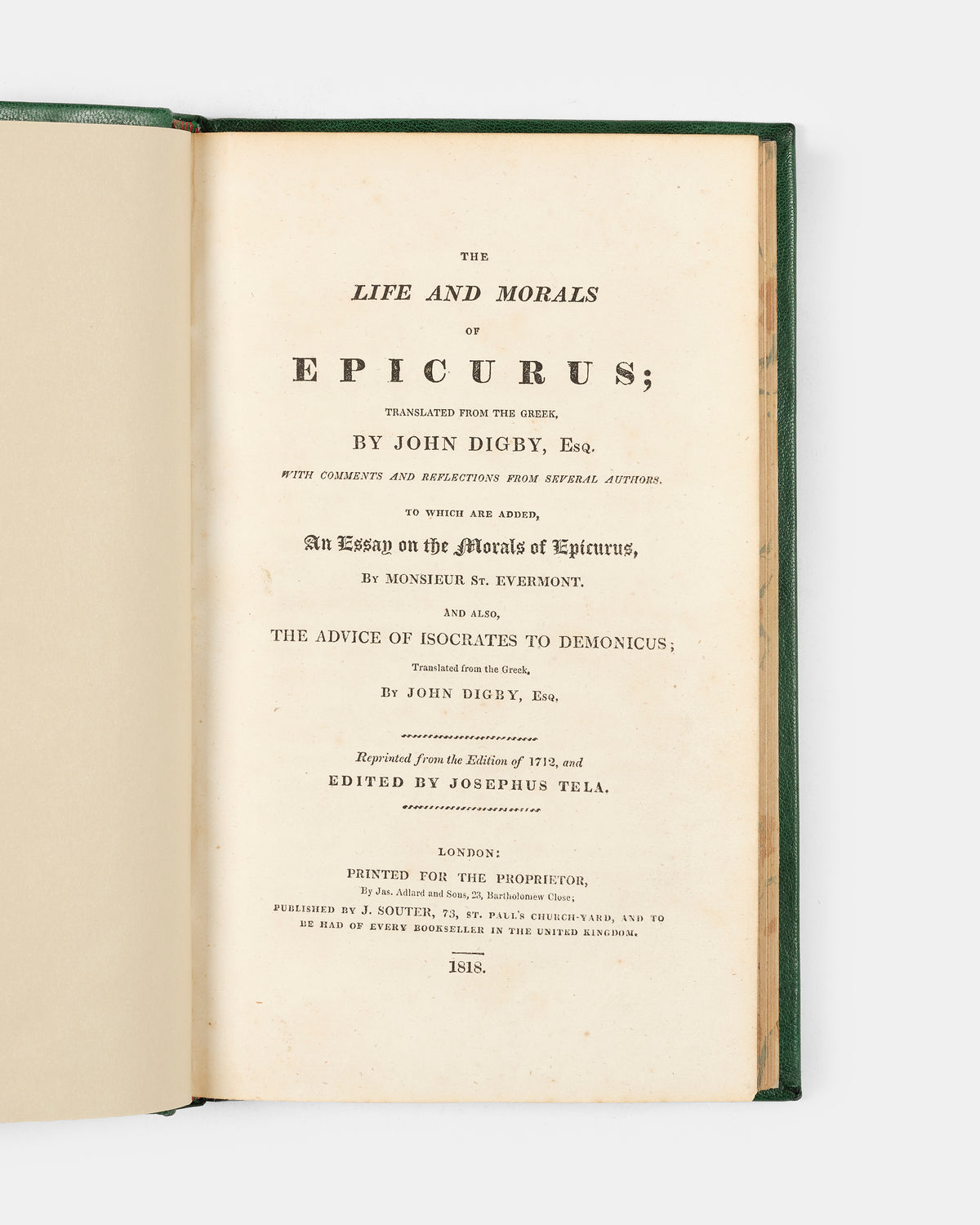 An early reprint edition of John Digby's English-language translation of The Life and Morals of Epicurus