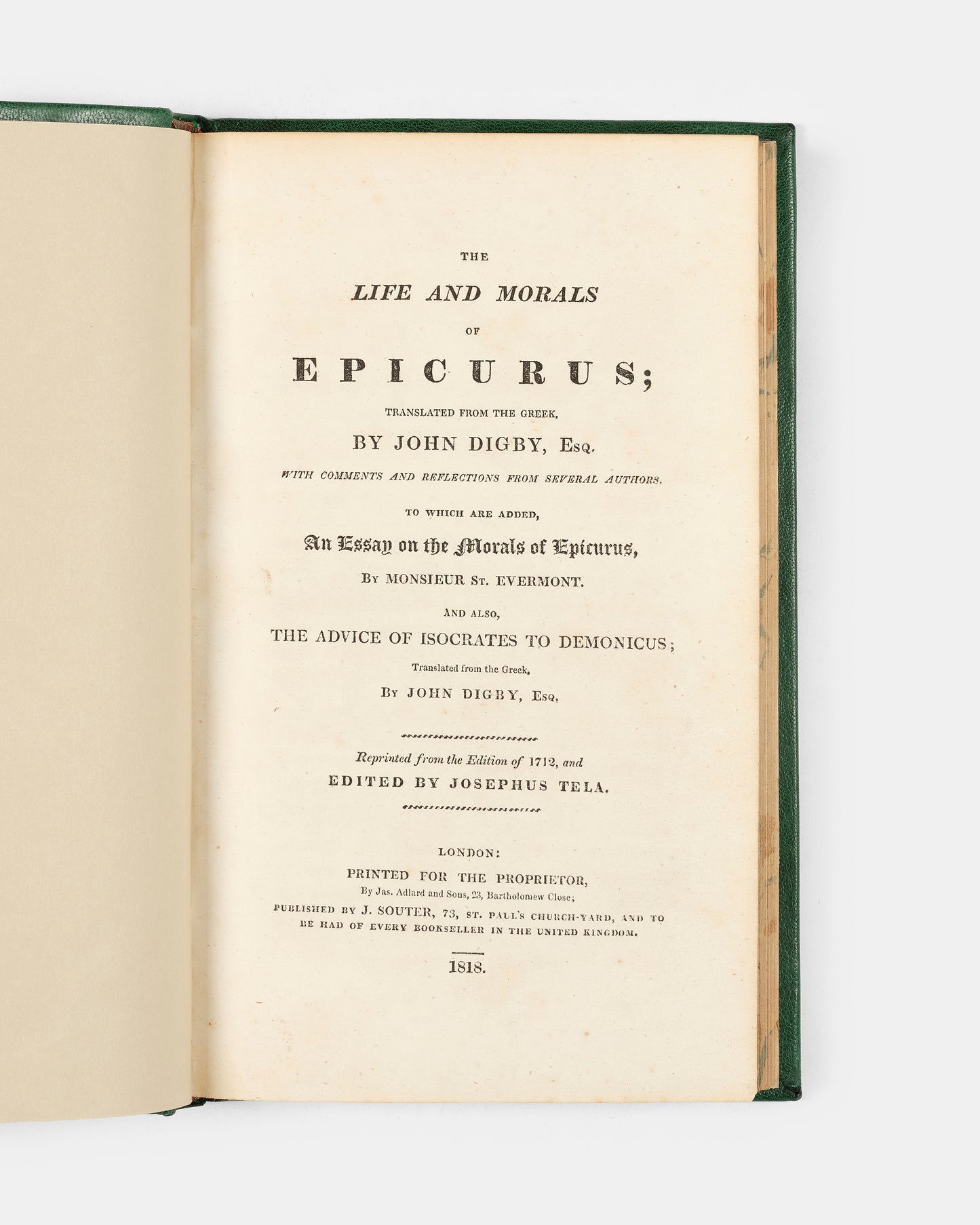 An early reprint edition of John Digby's English-language translation of The Life and Morals of Epicurus