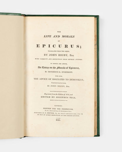 An early reprint edition of John Digby's English-language translation of The Life and Morals of Epicurus