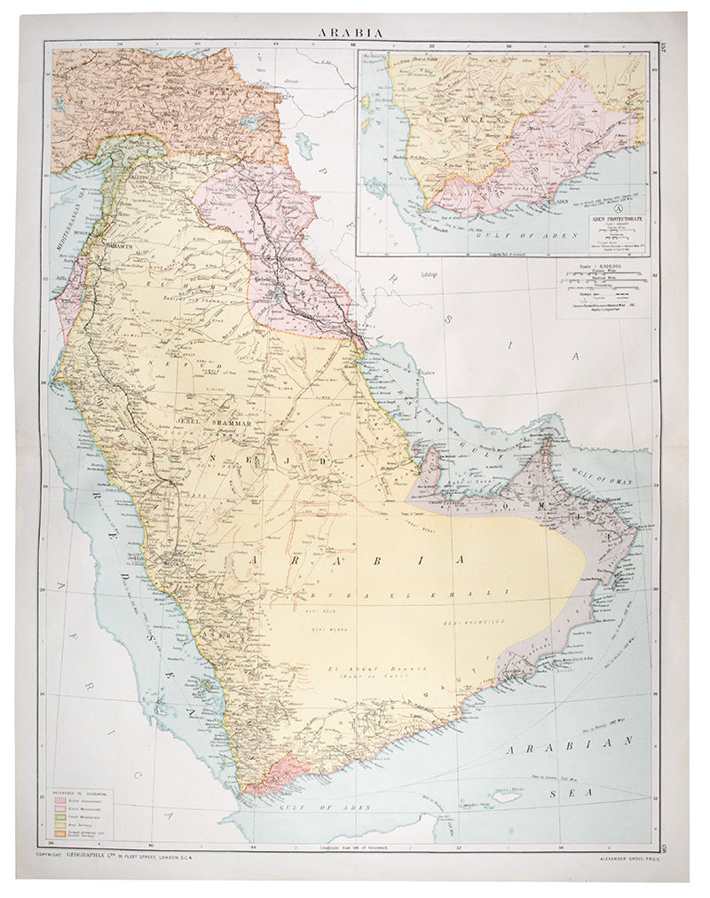 Original colour-printed lithograph map of Arabia by Alexander Gross, of the Arabian Peninsula, but also including Iraq, Jordan, Palestine, Syria and Asiatic Turkey.