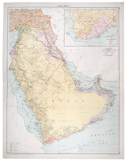 Original colour-printed lithograph map of Arabia by Alexander Gross, of the Arabian Peninsula, but also including Iraq, Jordan, Palestine, Syria and Asiatic Turkey.