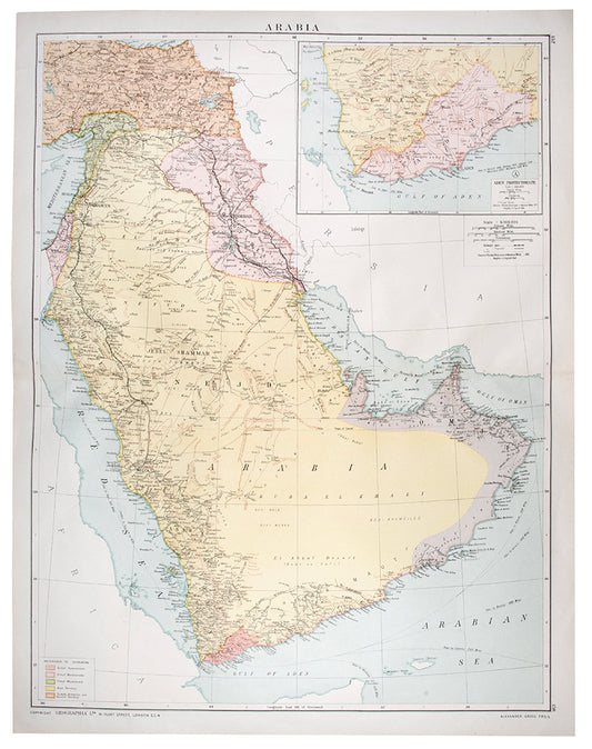 Original colour-printed lithograph map of Arabia by Alexander Gross, of the Arabian Peninsula, but also including Iraq, Jordan, Palestine, Syria and Asiatic Turkey.