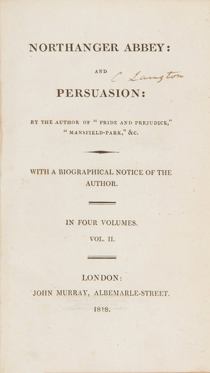 The first appearance in print of Jane Austen's first and last works, complete with all four half-titles. 