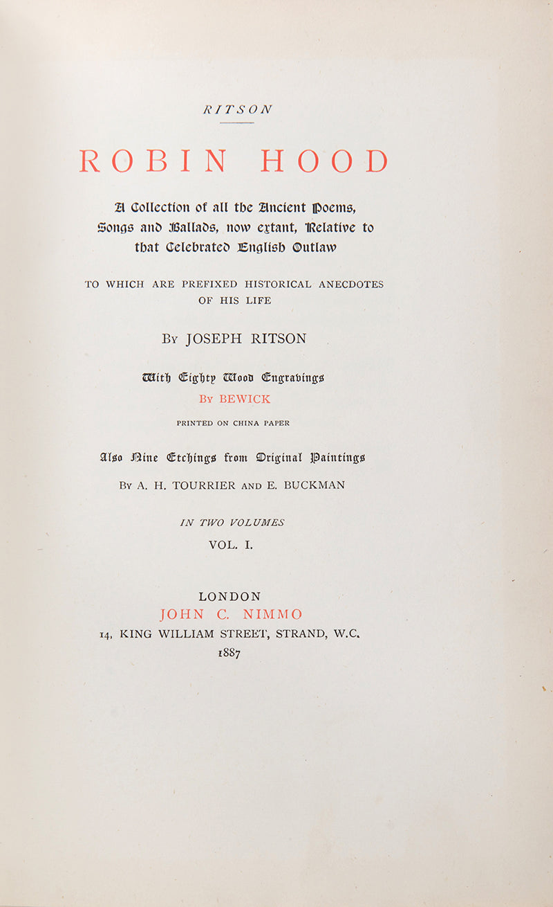 Robin Hood, in two volumes, featuring several wood-cut illustrations and etchings, based on annotated edition by Joseph Ritson