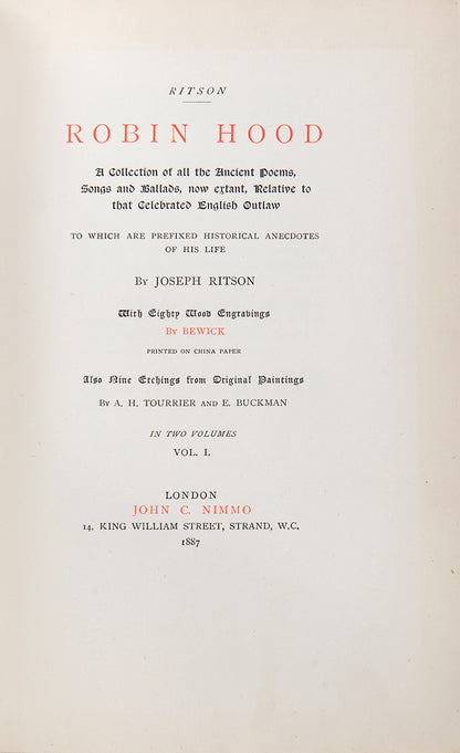 Robin Hood, in two volumes, featuring several wood-cut illustrations and etchings, based on annotated edition by Joseph Ritson