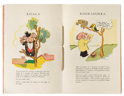 Exclusive Cocktails from the recipes of Usher's Hotel, 1933, illustrated by James Charles Bancks, with highly decorative illustrations emblematic of the late Art-Deco style.