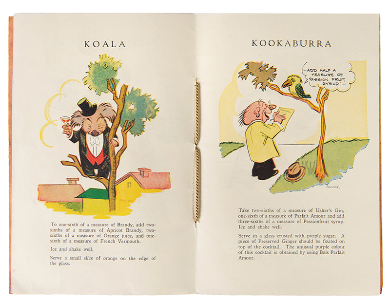 Exclusive Cocktails from the recipes of Usher's Hotel, 1933, illustrated by James Charles Bancks, with highly decorative illustrations emblematic of the late Art-Deco style.