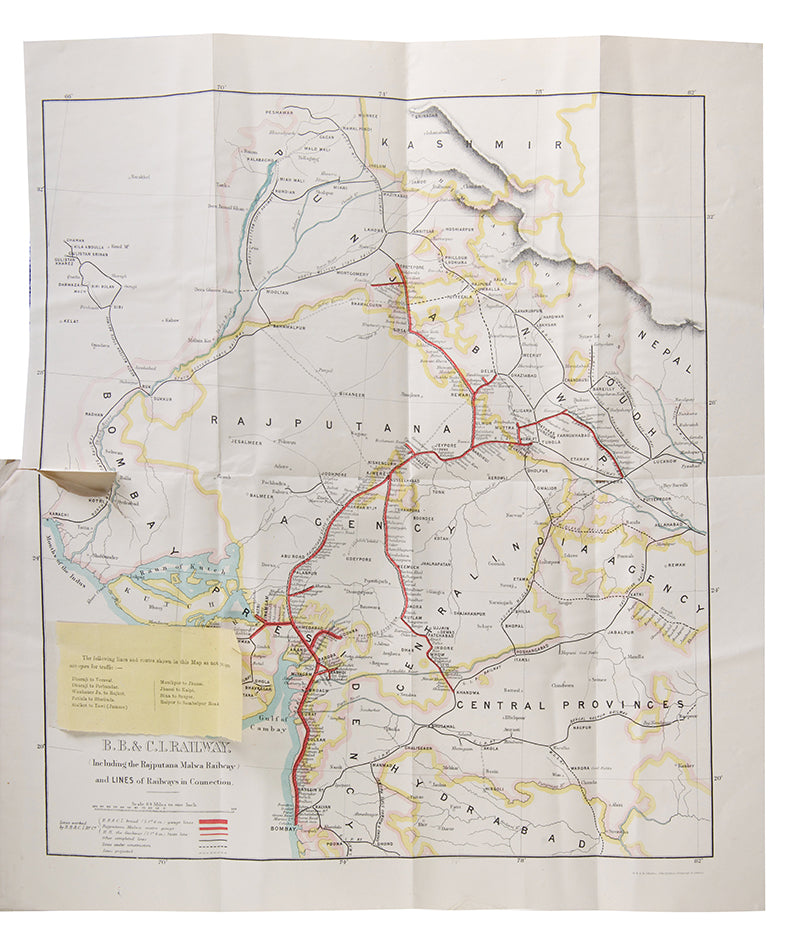Rare and unrecorded quarterly information and fare guide for the Bombay, Baroda and Central India Railway (B.B.C.I.) and newly merged Rajputan-Malwa Railway from Bombay to Ferozepore, Delhi, Agra, Kanpur, Jodhpur, and Khandwa via Ajmer. 