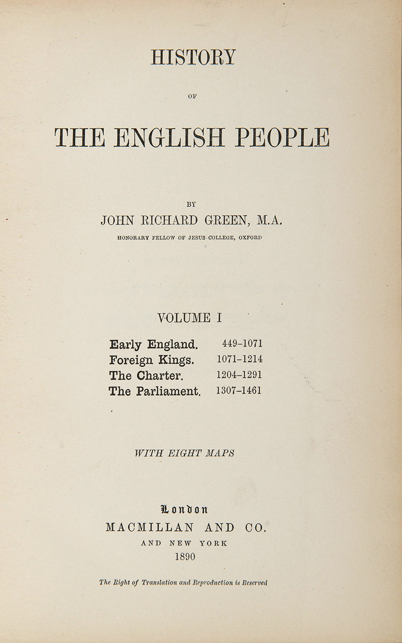 A handsome two-volume edition of Green's classic history of England from below, bound in full red morocco gilt for The Law Society