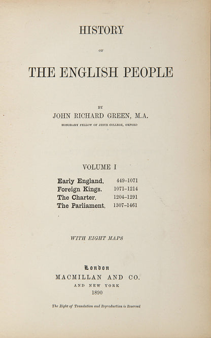 A handsome two-volume edition of Green's classic history of England from below, bound in full red morocco gilt for The Law Society