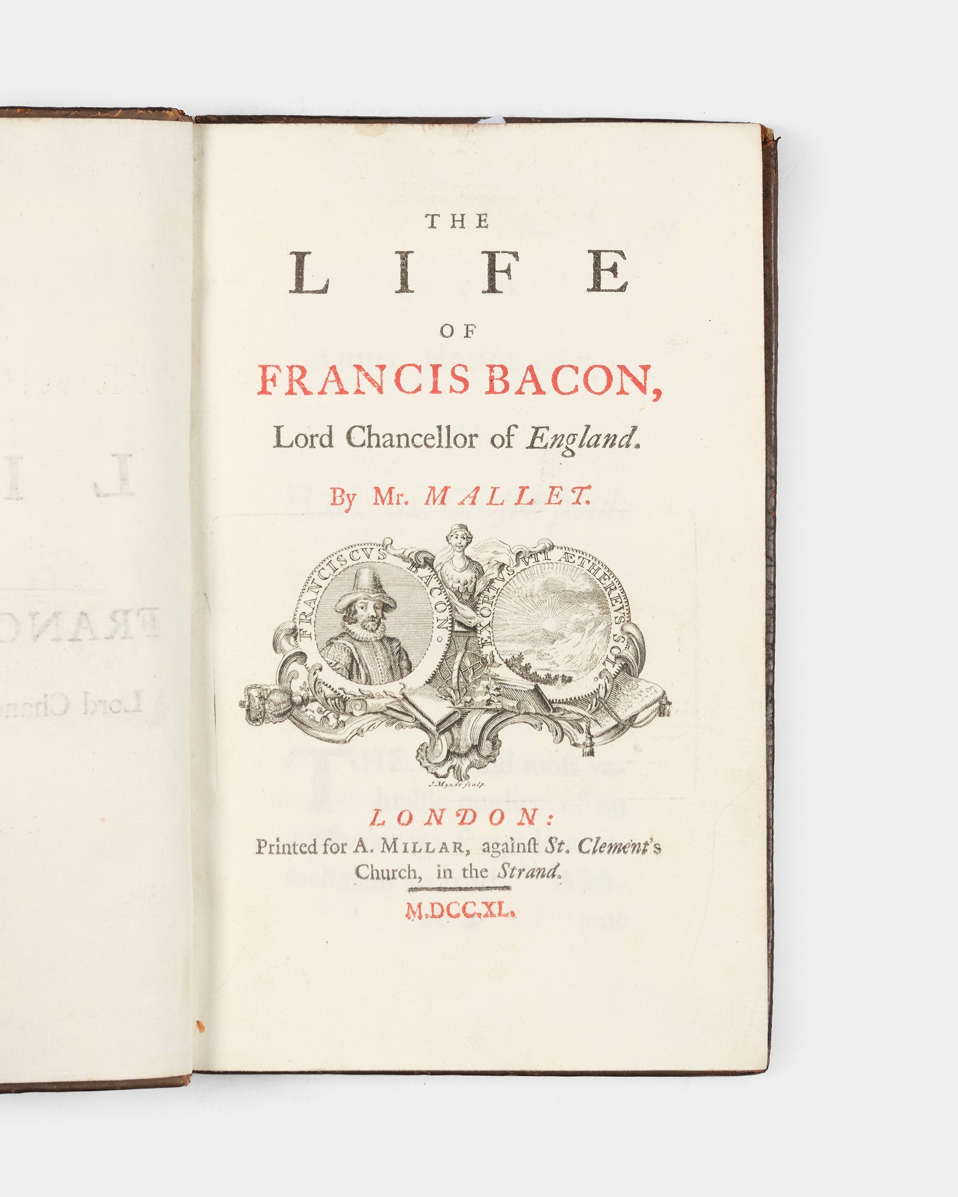 The first edition of David Mallet's biograph of the polymath and statesman Sir Francis Bacon