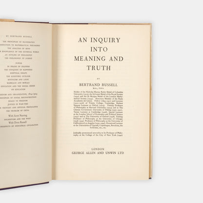 The first edition of Bertand Russell's work on the philosophy of language, An Inquiry into Meaning and Turth, signed by him in pen to thte front free endpaper