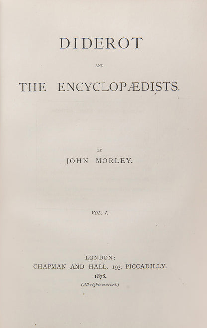 The first edition of John Morey's history of Diderot and the publication of the encyclopaedia, finely bound in half green morocco by Bickers & Son