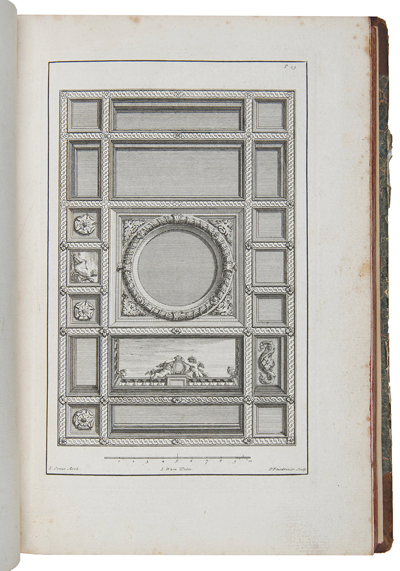 The first edition of Isaac Ware's continuation to William Kent's Designs of Inigo Jones, illustrated with 53 engraved plates, including 5 double-page designs
