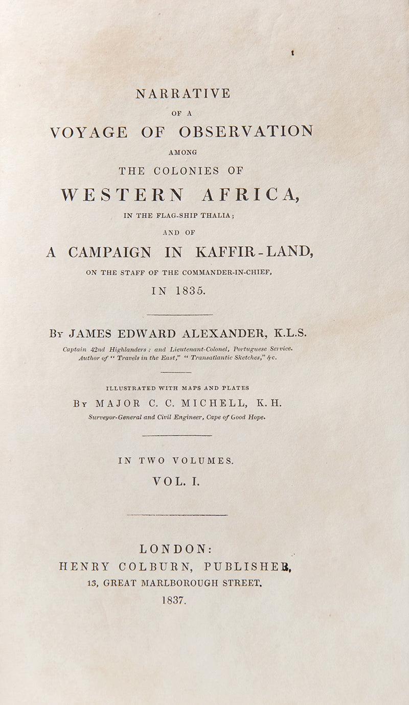 The Currer copy of Narrative of a Voyage of Observation among the colonies of Western Africa by James Edward Alexander, owned by Frances Mary Richardson Currer, one of the eminent female book collectors of the nineteenth century.