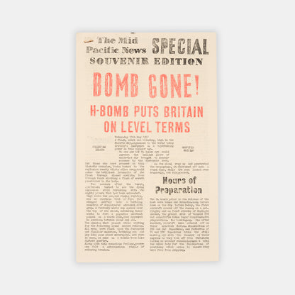 A rare souvenir newsletter titled Bomb Gone, celebrating the supposed detonation of Britain's first hydrogen bomb as part of Operation Grapple in 1957.