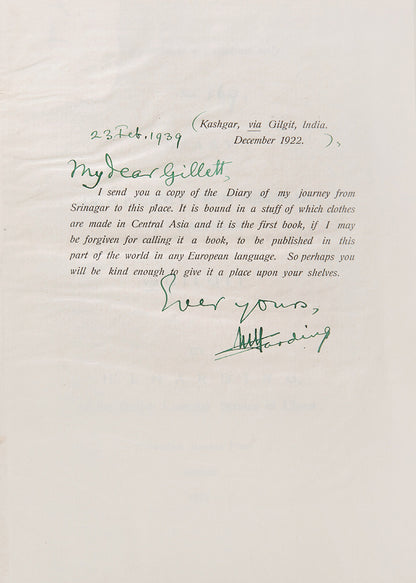 First and only edition of Diary of a Journey from Srinagar to Kashgar via Gilgit by Harold Harding, inscribed to fellow consul Michael Cavenagh Gillett (1907-1971) with his bookplate.