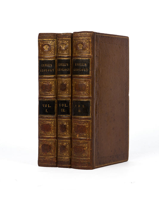 First edition of the founding work of modern geology, Charles Lyell's Principles of Geology, published in three volumes between 1830 and 1833 and a major influence on Darwin.
