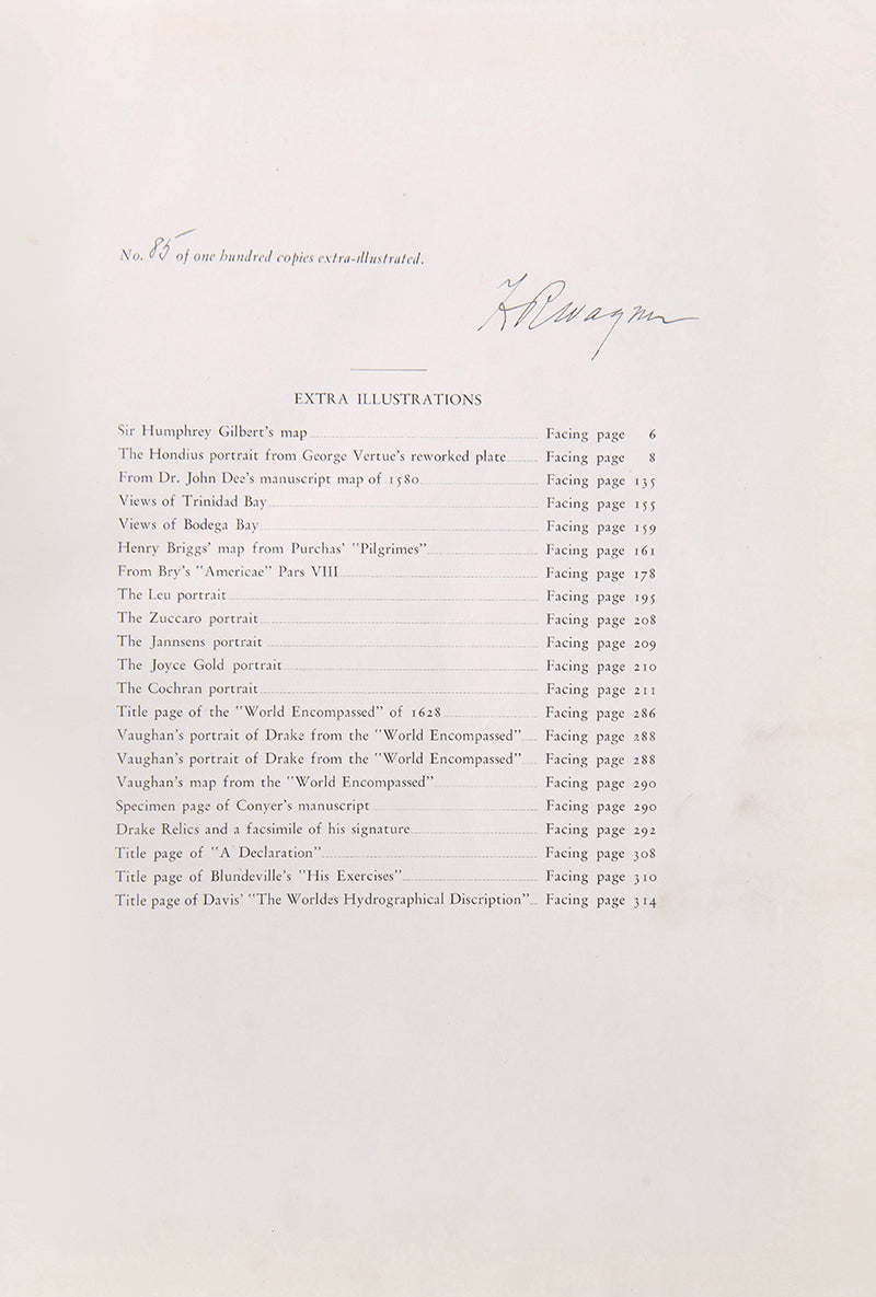 First edition, the deluxe signed extra-illustrated issue, of Wagner's important reference work on Sir Francis Drake's Voyage Around the World.