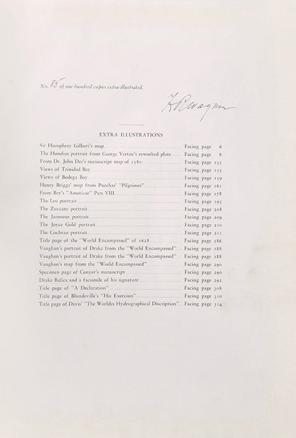 First edition, the deluxe signed extra-illustrated issue, of Wagner's important reference work on Sir Francis Drake's Voyage Around the World.
