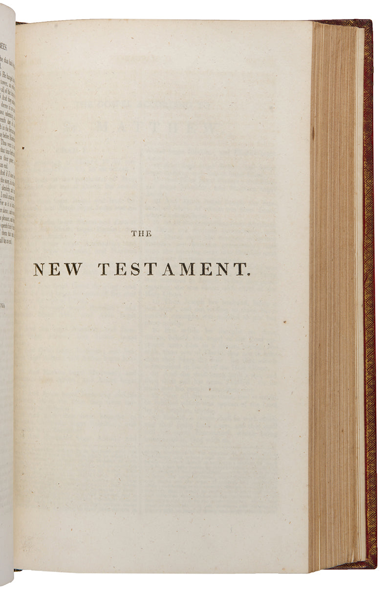 An excellent example of this family Bible bound contemporary red morocco tooled with a gilt strapwork design