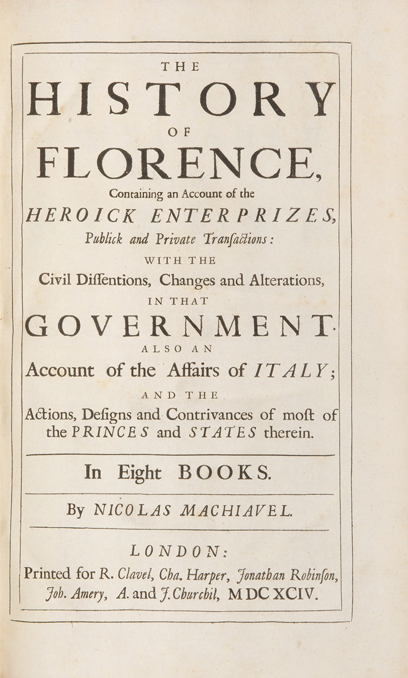 A handsome copy of the collected works of Nicholas Machiavelli in English translation, including The Prince and Discourses on Livy