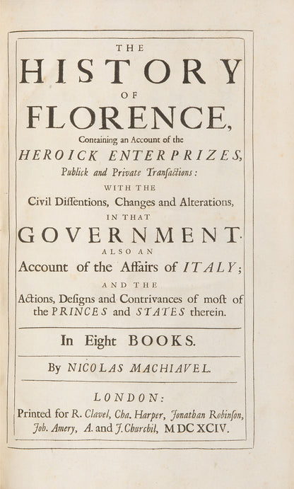 A handsome copy of the collected works of Nicholas Machiavelli in English translation, including The Prince and Discourses on Livy