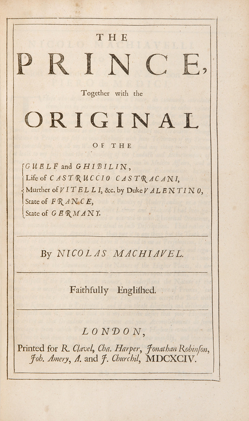 A handsome copy of the collected works of Nicholas Machiavelli in English translation, including The Prince and Discourses on Livy