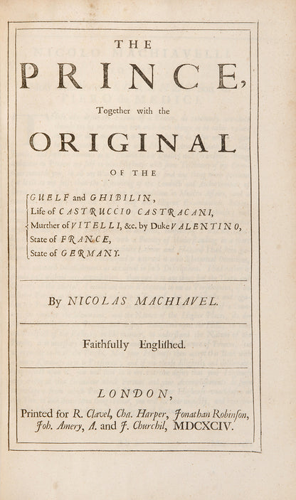 A handsome copy of the collected works of Nicholas Machiavelli in English translation, including The Prince and Discourses on Livy