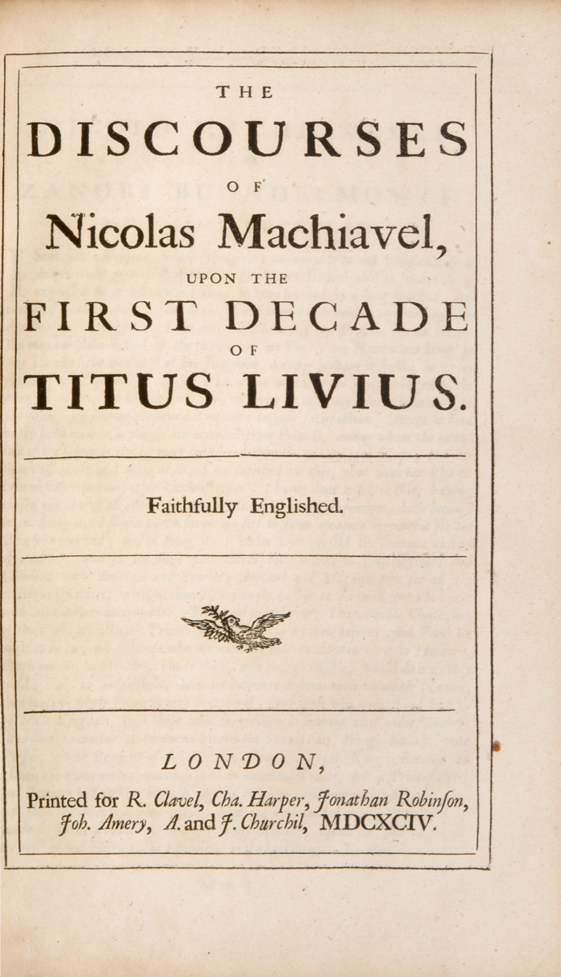 A handsome copy of the collected works of Nicholas Machiavelli in English translation, including The Prince and Discourses on Livy