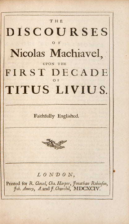 A handsome copy of the collected works of Nicholas Machiavelli in English translation, including The Prince and Discourses on Livy