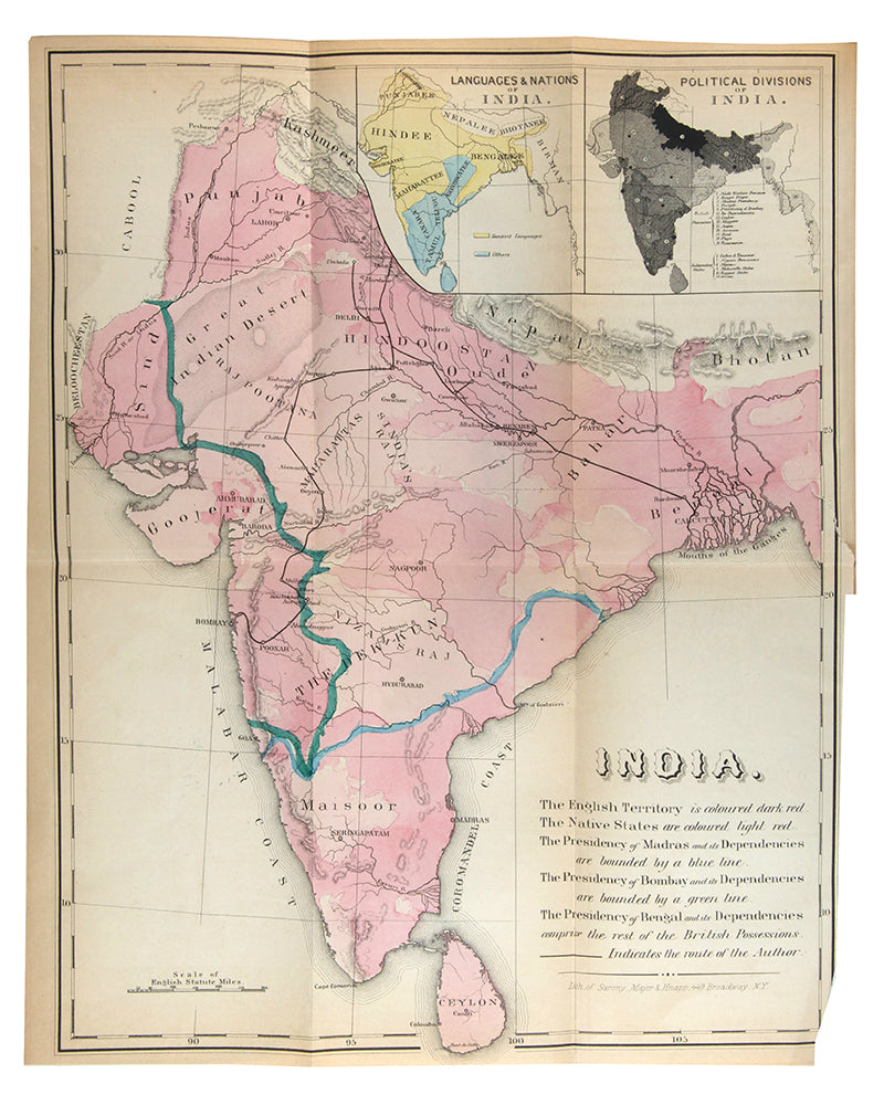 Finely bound third edition of Minturn's New York to Delhi, with 31 chapters on India and its history, climate, government, army, and economics.