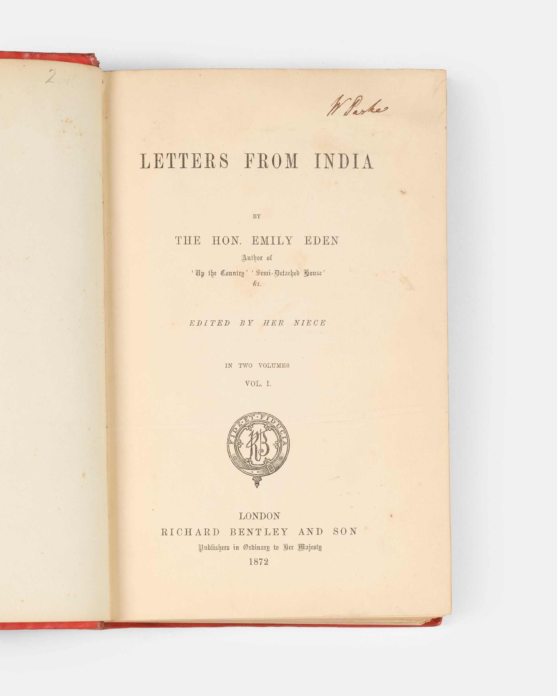 First edition of Emily Eden's Letters from India, the scarcer of Eden's two travel accounts of India including descriptions of the Maharajas of the Sikh Empire.