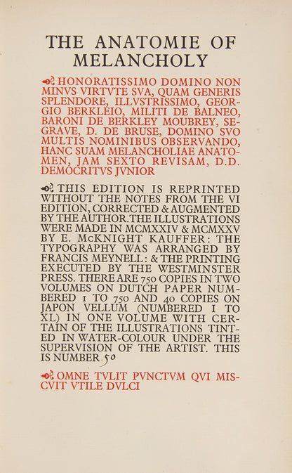 An excellent example of the Nonesuch edition of The Anatomy of Melancholy by Robert Burton, with illustrations by E. McKnight Kauffer.