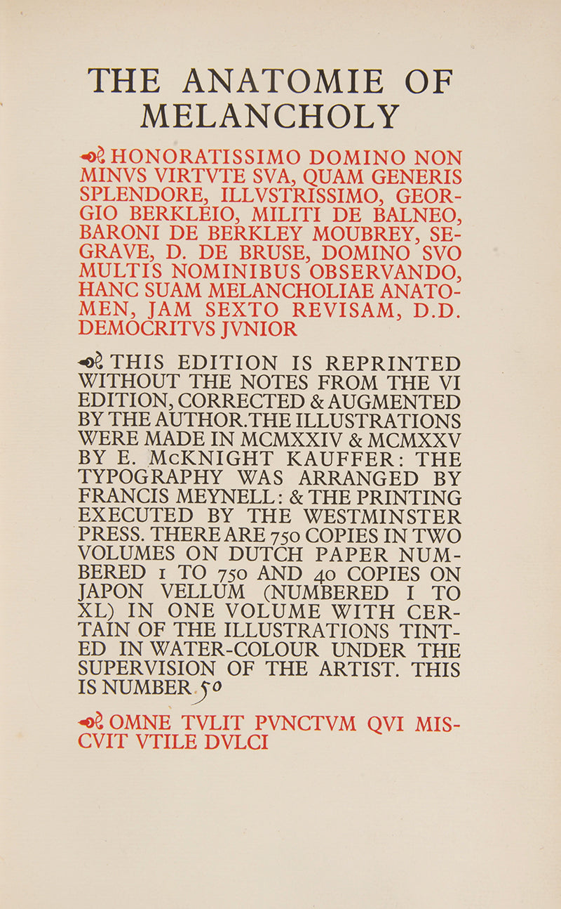 An excellent example of the Nonesuch edition of The Anatomy of Melancholy by Robert Burton, with illustrations by E. McKnight Kauffer.