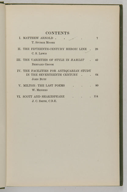 A scarce collection of essays and studies by members of the English Association featuring the Fifteenth Century Heroic Line by C.S. Lewis