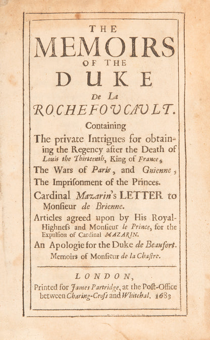The first edition in English of the Mémoires of François, Duke de la Rochefoucauld, an important record of life at the court of Louis XIII