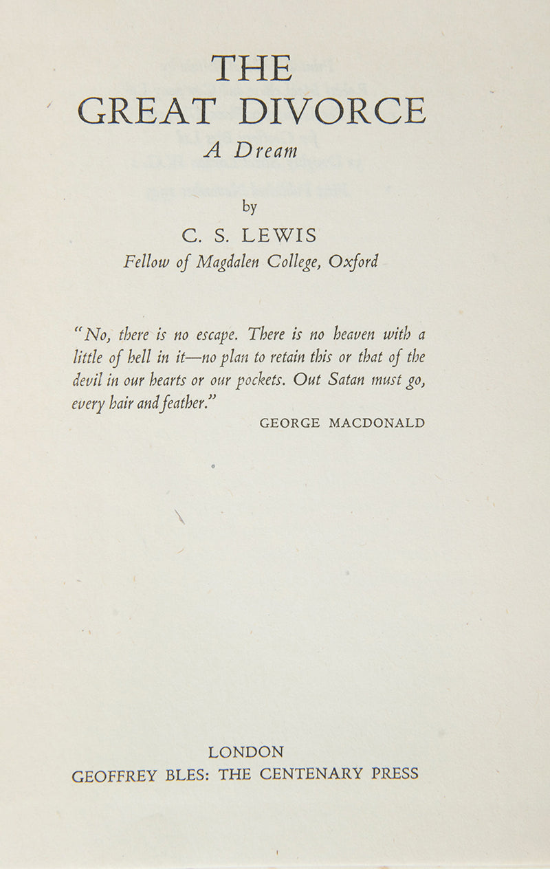 A choice example of the first edition, first impression of C.S. Lewis' allegorical Christian work The Great Divorce