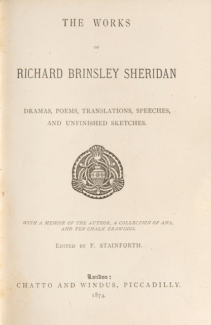 The works of Richard Brinsley Sheridan, published in 1874, with ten chalk drawings, in a tree-calf binding