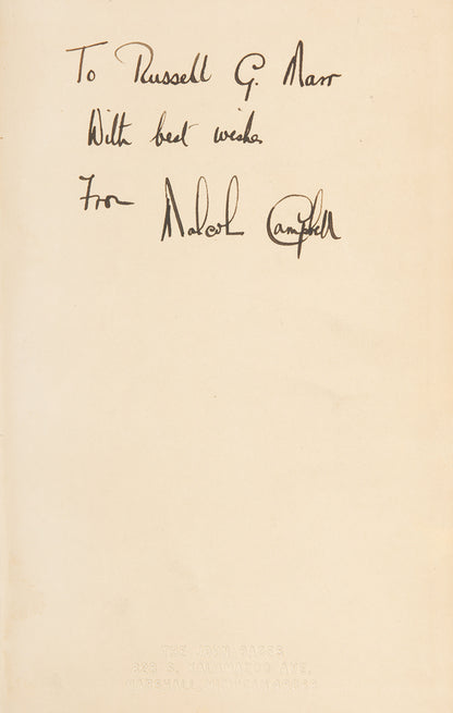 An inscribed first edition of Capt. Malcolm Campbell's second motoring mystery novel.