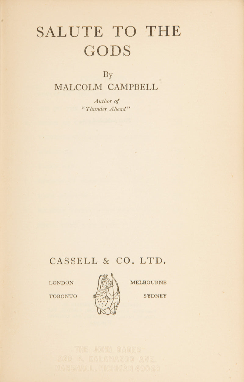 An inscribed first edition of Capt. Malcolm Campbell's second motoring mystery novel.