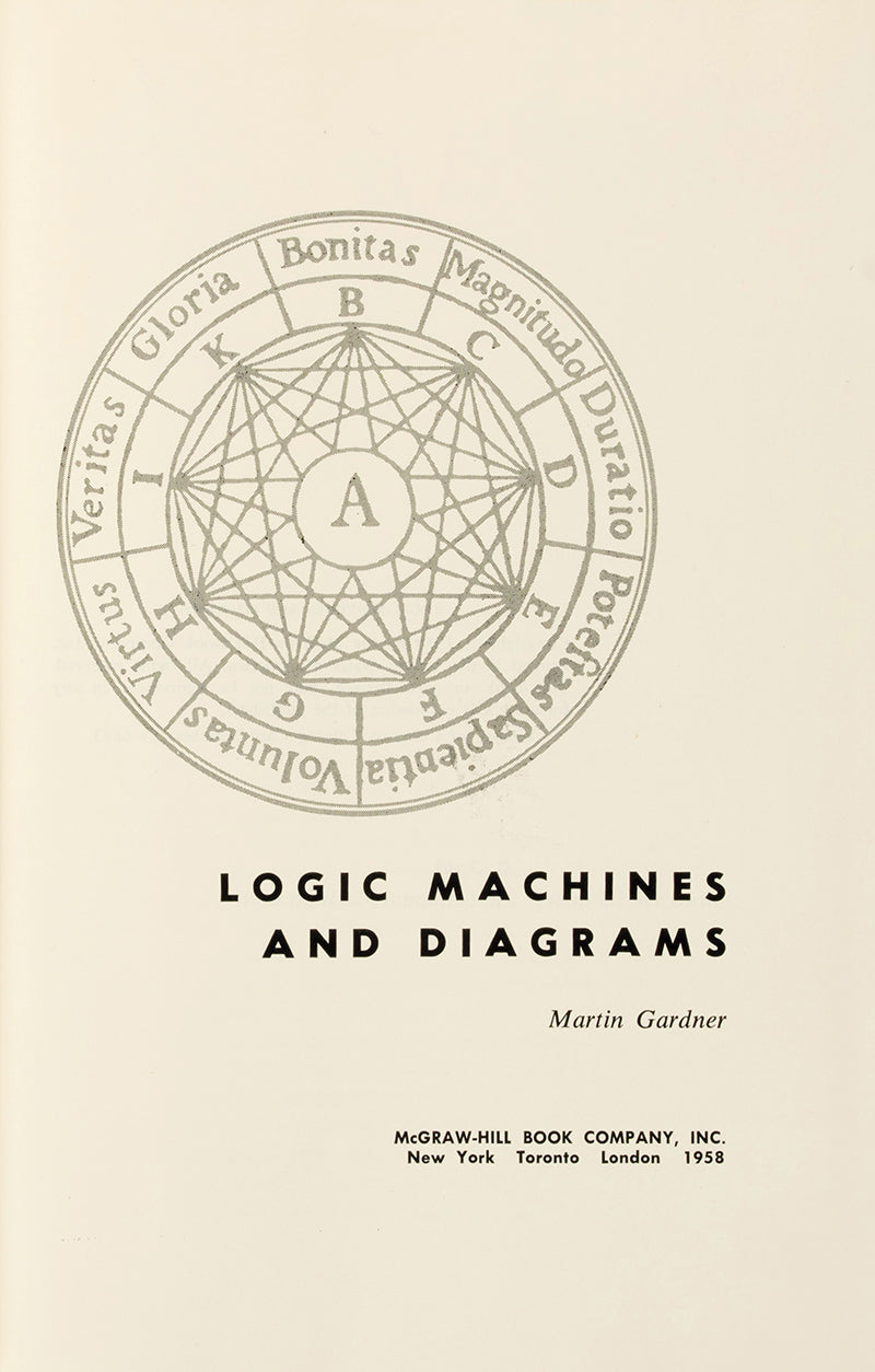 First editon, first printing of Martin Gardner's Logic Machines and Diagrams, on the history devices and diagrams for solving problems in formal logic.