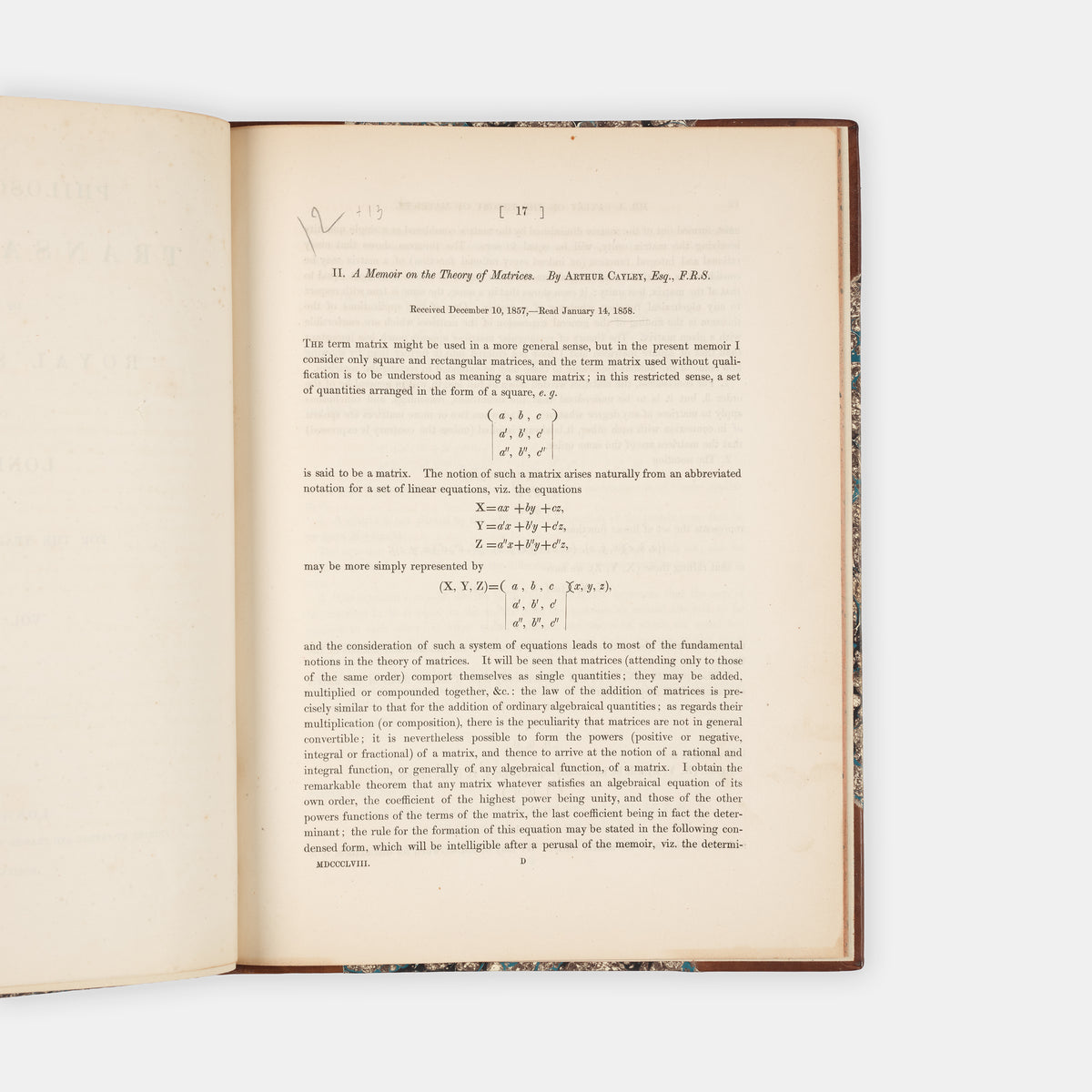 First edition of the first work on the theory of matrices, Memoire on the Theory of Matrices, published in 1858 by the founder of the field, Arthur Cayley.